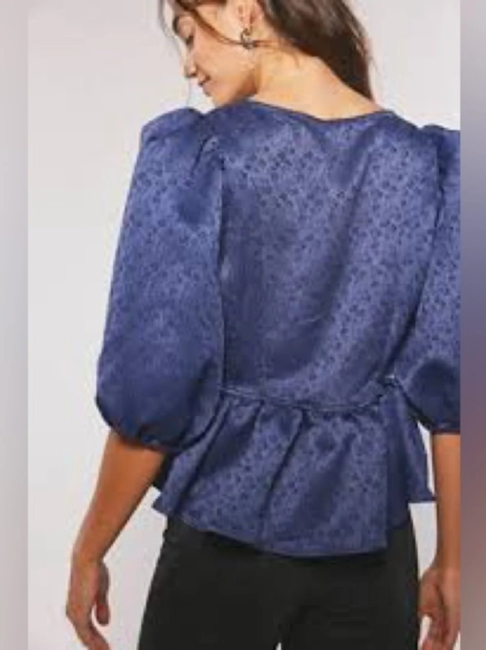 NWT new medium free people Pamela bow blouse top blue buttons puff sleeves